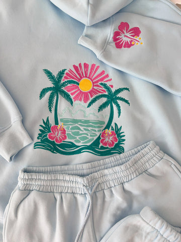 Icy Blue Embroidered Hibiscus Hoodie for Beach Day Style