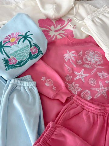 Icy Blue Embroidered Hibiscus Hoodie for Beach Day Style