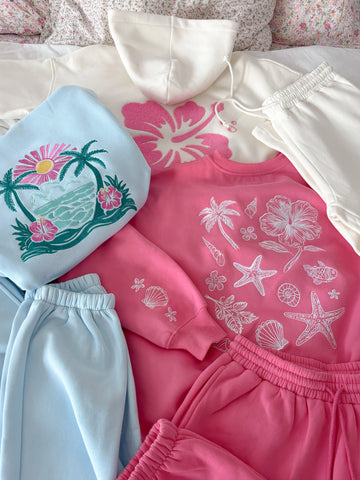 Tropical Embroidered Sweatshirt in Blooming Hibiscus Pink
