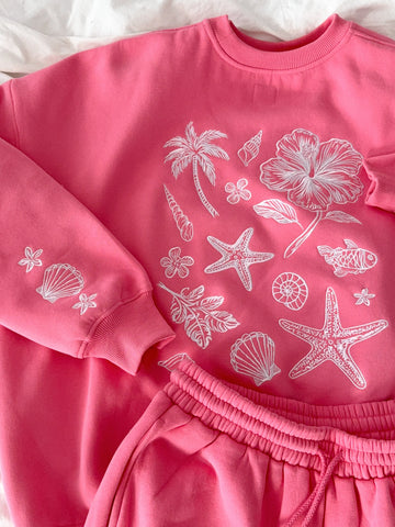 Tropical Embroidered Sweatshirt in Blooming Hibiscus Pink