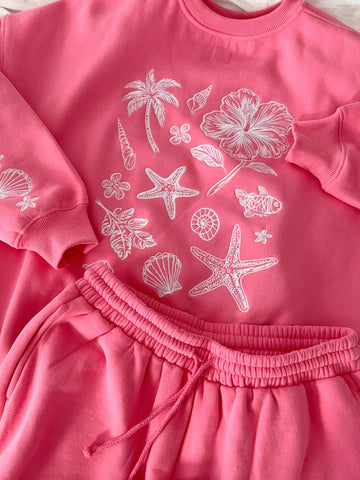 Tropical Embroidered Sweatshirt in Blooming Hibiscus Pink