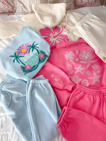 Icy Blue Embroidered Hibiscus Hoodie for Beach Day Style