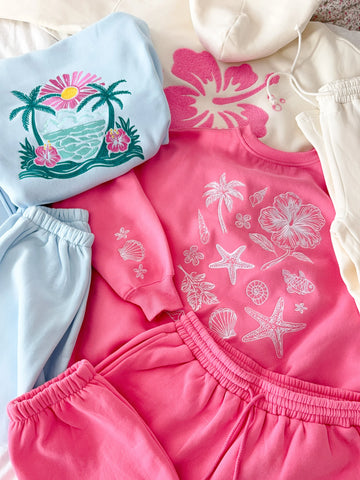 Icy Blue Embroidered Hibiscus Hoodie for Beach Day Style