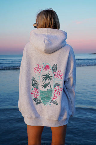 Pearl Grey Embroidered Hoodie with Surf Wave Design for Effortless Street Style