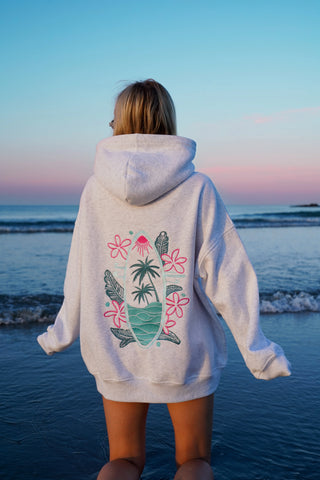 Pearl Grey Embroidered Hoodie with Surf Wave Design for Effortless Street Style