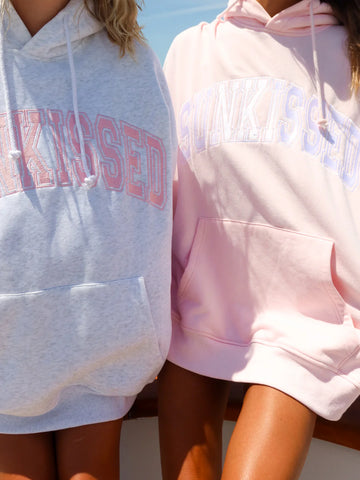 Pearl Grey Embroidered Varsity Hoodie with Pink Stitching