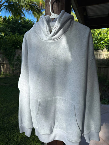 Pearl Grey Embroidered Hoodie with White Thread Detail