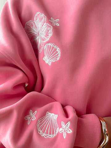 Tropical Embroidered Sweatshirt in Blooming Hibiscus Pink