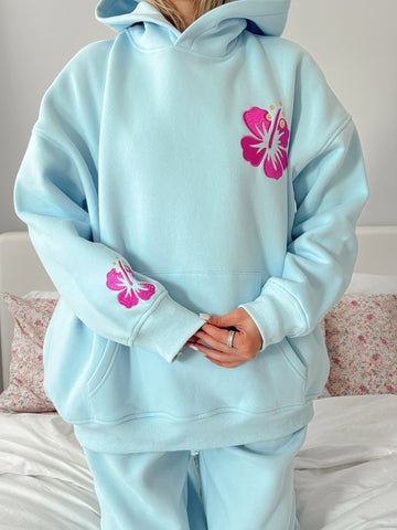 Icy Blue Embroidered Hibiscus Hoodie for Beach Day Style