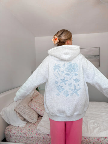 Cozy Pearl Grey Hoodie with Tropical Embroidery for Everyday Relaxed Style