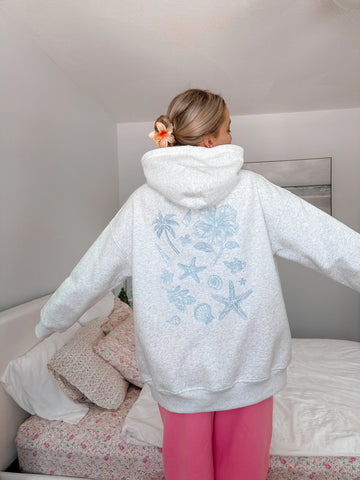 Cozy Pearl Grey Hoodie with Tropical Embroidery for Everyday Relaxed Style
