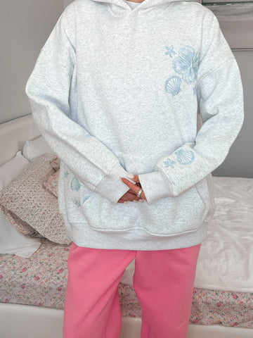Cozy Pearl Grey Hoodie with Tropical Embroidery for Everyday Relaxed Style