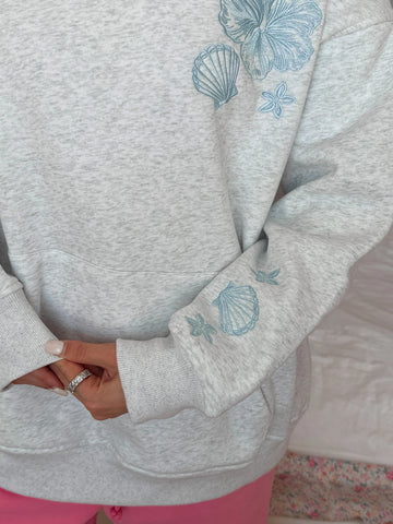 Cozy Pearl Grey Hoodie with Tropical Embroidery for Everyday Relaxed Style