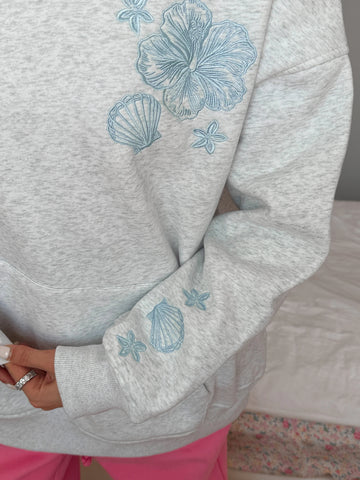 Cozy Pearl Grey Hoodie with Tropical Embroidery for Everyday Relaxed Style