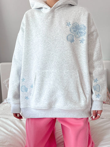 Cozy Pearl Grey Hoodie with Tropical Embroidery for Everyday Relaxed Style