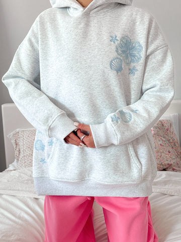 Cozy Pearl Grey Hoodie with Tropical Embroidery for Everyday Relaxed Style