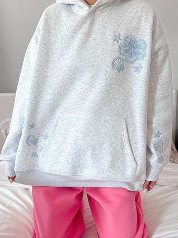 Cozy Pearl Grey Hoodie with Tropical Embroidery for Everyday Relaxed Style