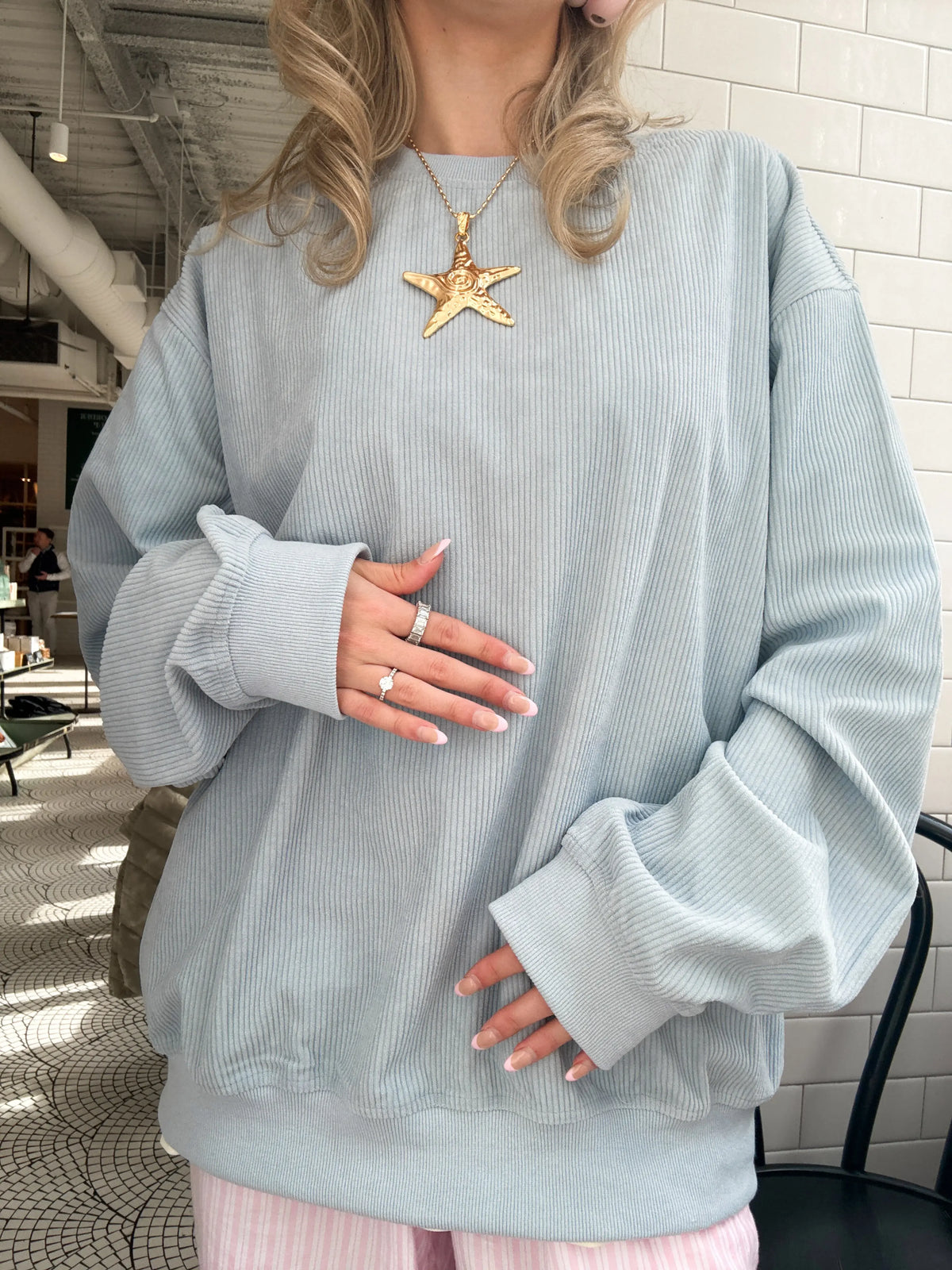 Soft Light Blue Corduroy Crewneck Sweatshirt for Everyday Comfort