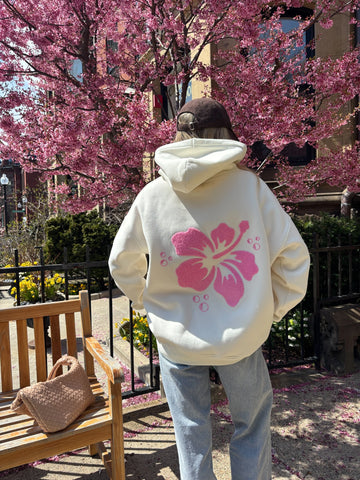 Ivory Floral Hoodie with Hibiscus Print for Everyday Boho Style