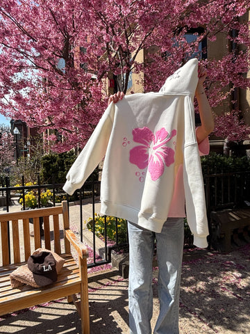 Ivory Floral Hoodie with Hibiscus Print for Everyday Boho Style