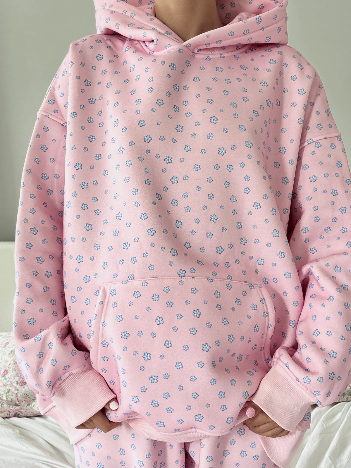 Dreamy Floral Hoodie in Soft Pink & Blue for Cozy Street Style