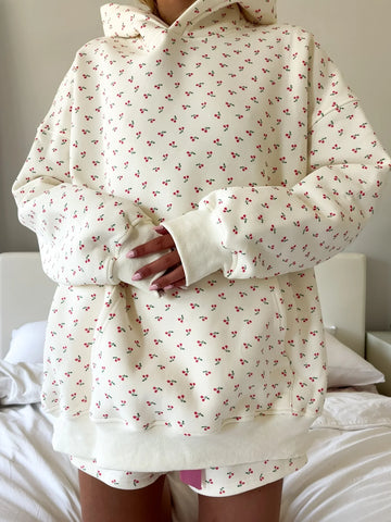 Cozy Ivory Cherry Print Hoodie for Everyday Casual Style