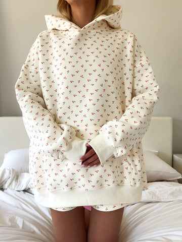 Cozy Ivory Cherry Print Hoodie for Everyday Casual Style