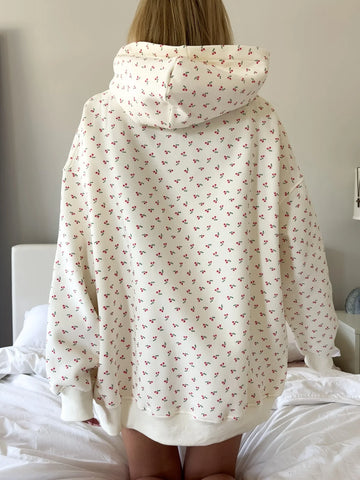Cozy Ivory Cherry Print Hoodie for Everyday Casual Style