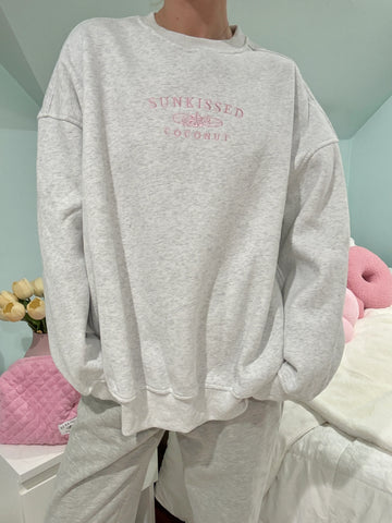 Pearl Grey Embroidered Sweatshirt with Pink Floral Thread