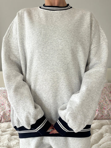 Pearl Grey Crewneck Sweatshirt with Black Preppy Details