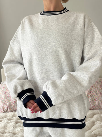 Pearl Grey Crewneck Sweatshirt with Black Preppy Details