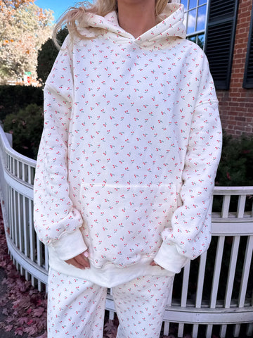 Cozy Ivory Cherry Print Hoodie for Everyday Casual Style