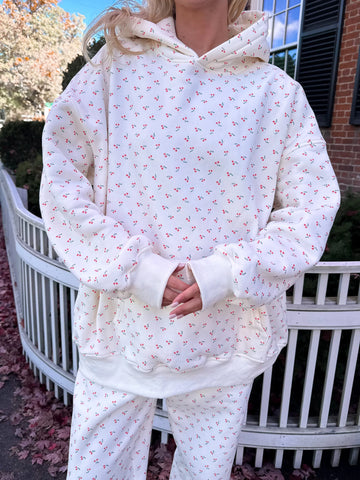 Cozy Ivory Cherry Print Hoodie for Everyday Casual Style