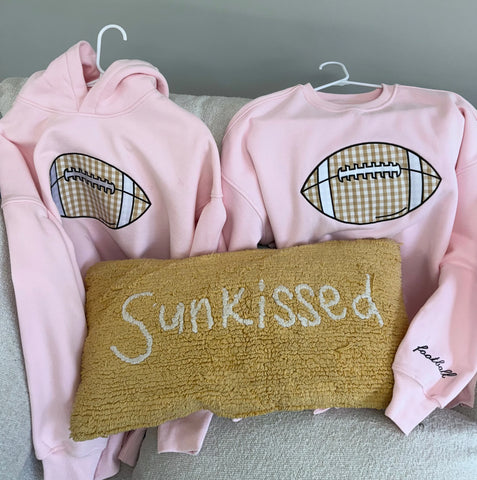 Light Pink Gingham Hoodie with Embroidered Football for Game Day Style