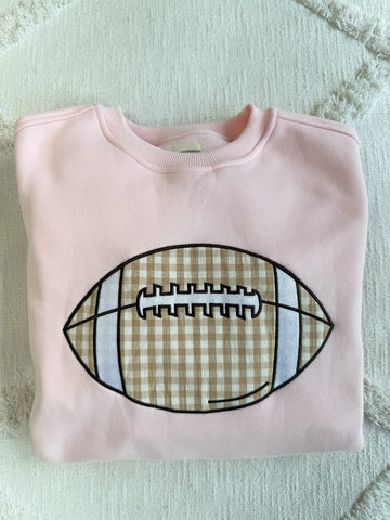 Soft Pink Gingham Football Embroidered Sweatshirt for Game Day Style