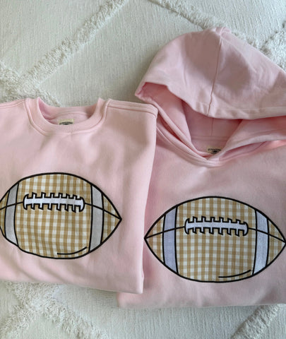 Light Pink Gingham Hoodie with Embroidered Football for Game Day Style