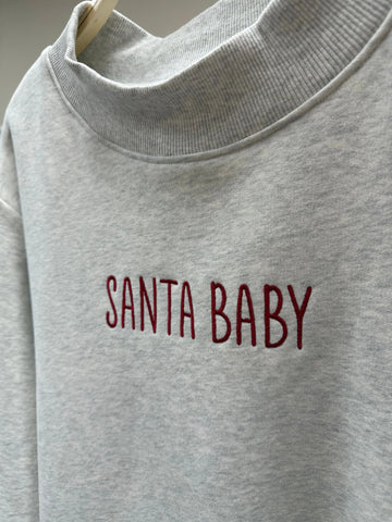 Cozy Pearl Grey Mockneck Sweatshirt with Playful Santa Baby Embroidery