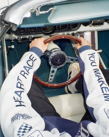 Oversized Blue Hoodie with Racing Heart Patchwork for Effortless Streetwear Style