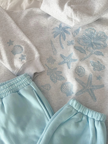 Cozy Pearl Grey Hoodie with Tropical Embroidery for Everyday Relaxed Style