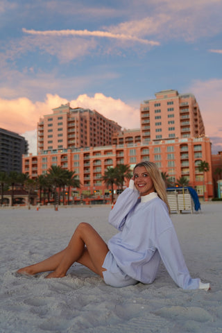 Mini Striped Mockneck Sweatshirt in Blue and White for Effortless Layering