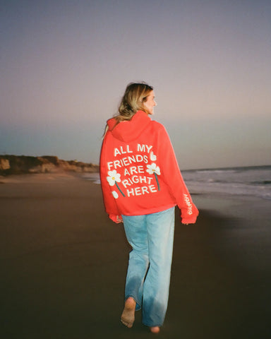 Vintage Stitched Friendship Hoodie in Red for Cozy Everyday Style