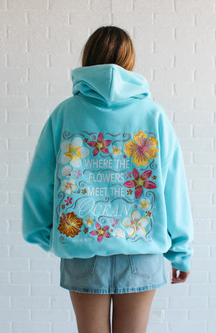 Embroidered Turquoise Hoodie with Coastal Flower Design