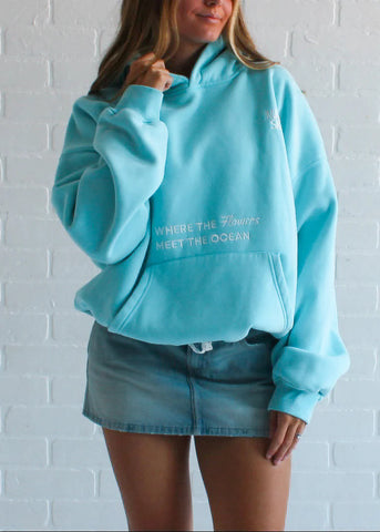 Embroidered Turquoise Hoodie with Coastal Flower Design