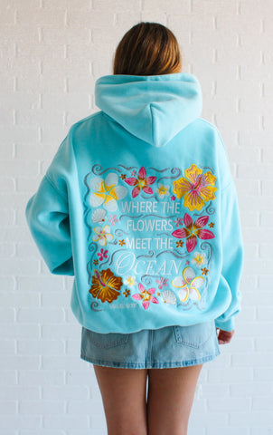 Embroidered Turquoise Hoodie with Coastal Flower Design