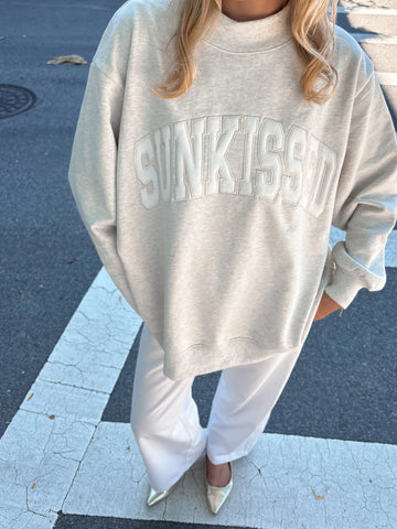 Oversized Oat Milk Grey Sweatshirt with Sun Kissed Embroidery | Cozy Cotton Mockneck