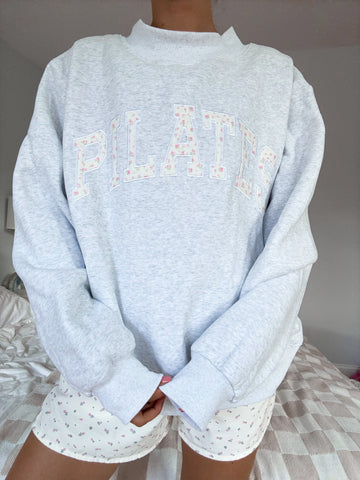 Pearl Grey Mockneck Sweatshirt with Pilates Embroidery - Effortless Everyday Elegance