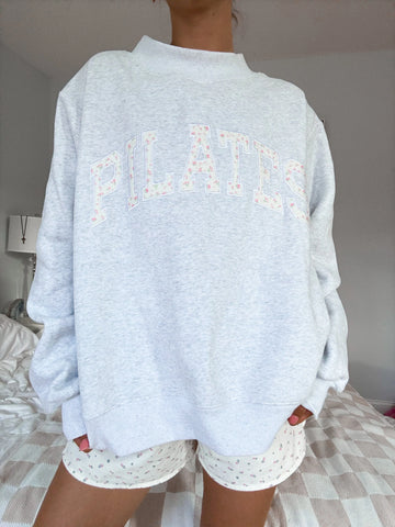 Pearl Grey Mockneck Sweatshirt with Pilates Embroidery - Effortless Everyday Elegance