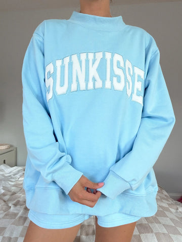 Vintage Embroidered Mockneck Sweatshirt in Berry Blue - Cozy Cotton Everyday Style