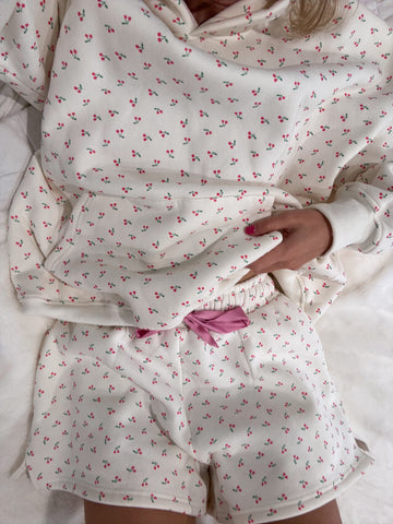 Cozy Ivory Cherry Print Hoodie for Everyday Casual Style