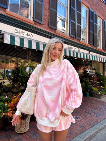 Soft Pink and White Striped Mock Neck Sweatshirt for Effortless Everyday Style